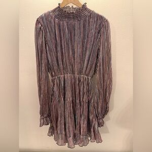 OPT Lluvia Smocked Neck Long Sleeve Metallic Rainbow Striped Mini Dress Large